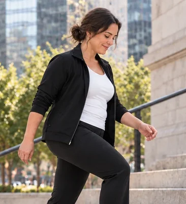 Smiling woman in a black jacket stepping down stone steps