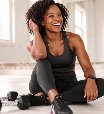 Woman laughing on a studio floor beside dumbbells