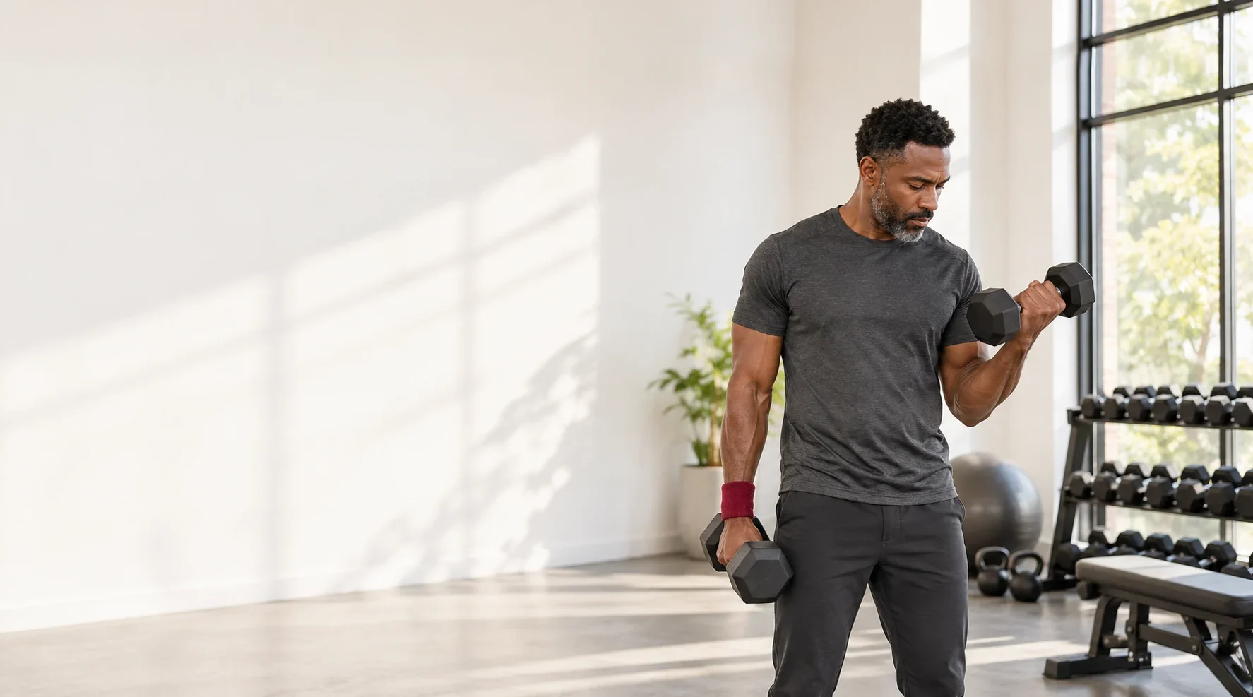 Man doing a dumbbell curl in a bright home gym