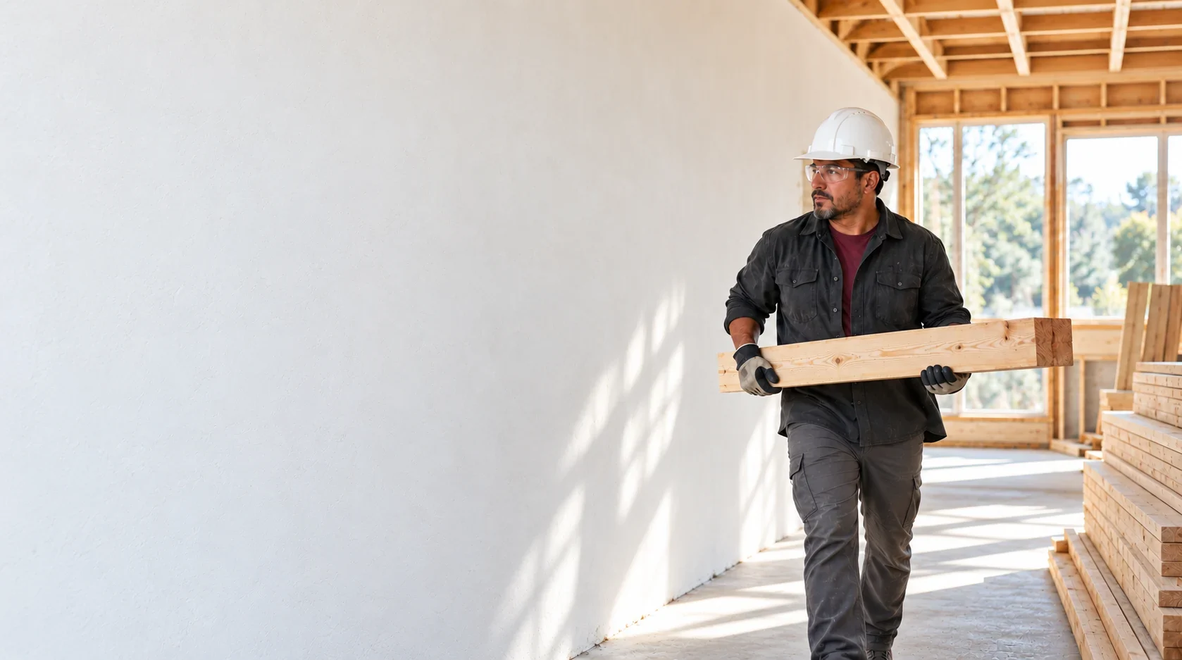 Construction worker carrying a timber beam through a framed house